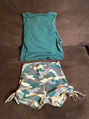 aerie Teal Tank with Teal & Tan Camo Drawstring Shorts